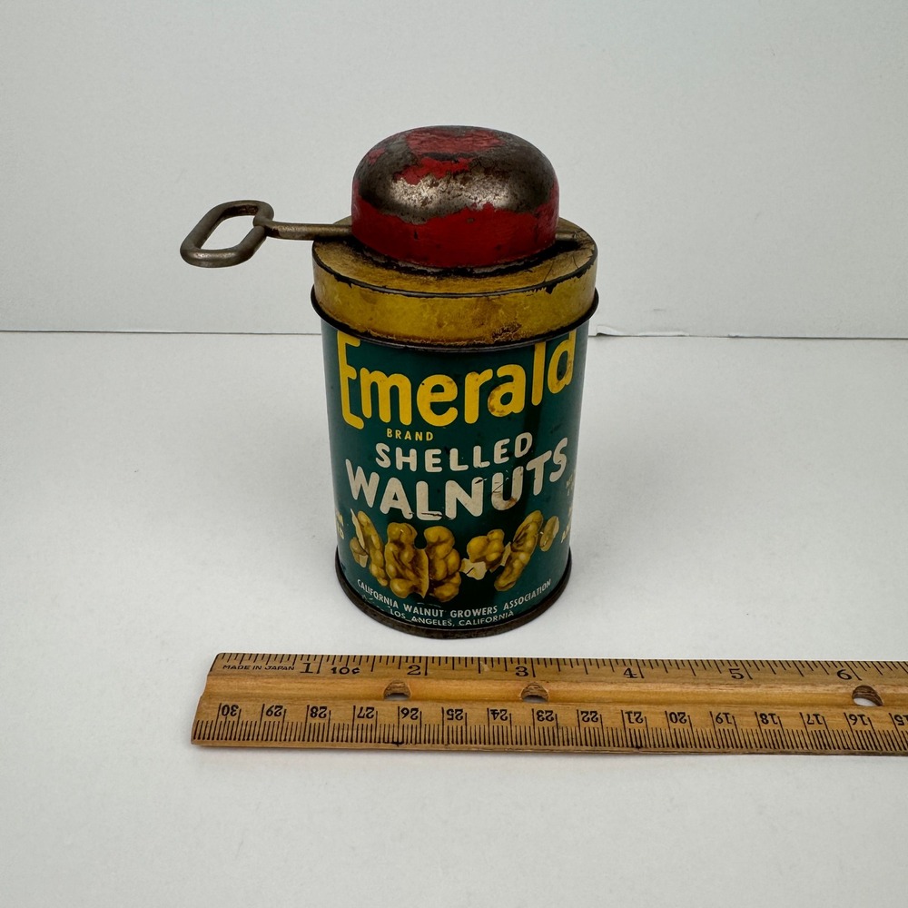 Empty Vtg Retro Emerald Brand Shelled Walnuts Can‎ Grinder Decor Weathered Aged